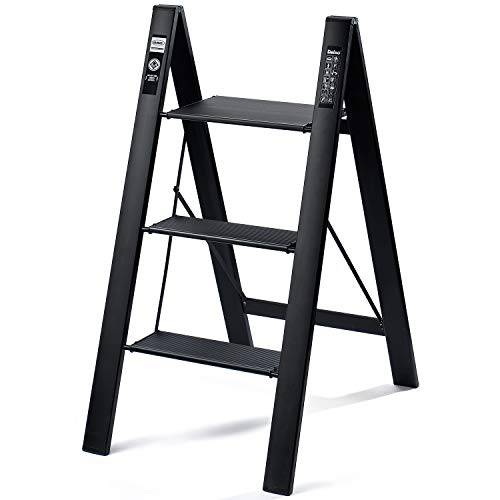 Delxo 2 in 1 Lightweight Aluminum 3 Step Ladder Stylish Invisible Connection Design Step Ladder with Anti-Slip Sturdy and Wide Pedal Ladder for Photography,Household and Painting 330lbs 3-Feet（Black） - delxousa