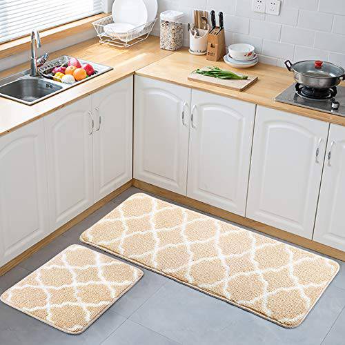 Delxo Kitchen Rugs and Mats Set,2 Pcs Super Absorbent Non Skid Washable Kitchen Floor Mat,Beige Carpet for Kitchen, Bathroom, Sink,Laundry,Mud 17"x24"+17"x48" - delxousa