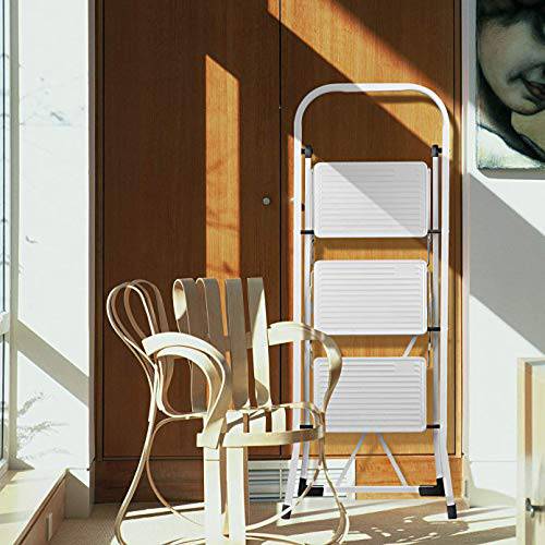 Delxo 3 Step Ladder Folding Step Stool Ladder with Handgrip Anti-Slip Sturdy and Wide Pedal Multi-Use for Household and Office Portable Step Stool Steel 300lbs White (3 feet) - delxousa