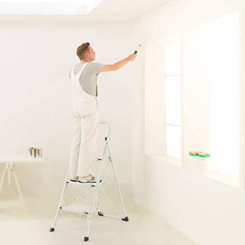 Delxo 3 Step Ladder Folding Step Stool Ladder with Handgrip Anti-Slip Sturdy and Wide Pedal Multi-Use for Household and Office Portable Step Stool Steel 300lbs White (3 feet) - delxousa