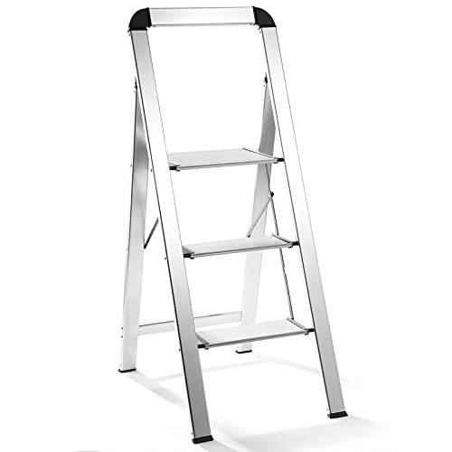 Delxo Aluminum 3 Step Ladder,Lightweight But Heavy Duty Folding Step Stool with Long Handle, Anti-Slip Sturdy Pedal, Stylish Silver Folding Step Ladder, Hold Up to 330LB - delxousa