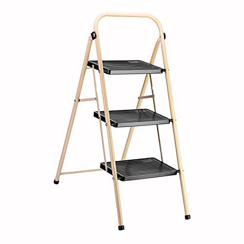 Delxo Step Ladder 3 Step Folding Step Stool with Anti-Slip Wide Pedal,Hold Up to 330lb Sturdy Steel 3 Step Stool,Lightweight Folding Step Ladder for Adults Champagne - delxousa