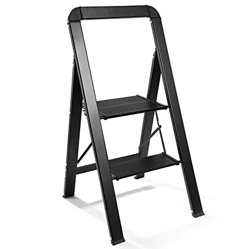 Delxo 2 Step Stool,Aluminium Step Ladder 2 Step in Black,Lightweight But Heavy Duty Portable Folding Step Stool with Wide Hand Grip,Hold up to 330 Lbs - delxousa