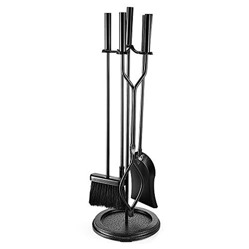 Delxo 5 Pcs Heavy Duty Steel Fireplace Tool Set Black Cast Fire Place Tool Set with Log Holder Fire Pit Stand Rustic Tongs Shovel Antique Broom Chimney Poker Wood Stove Hearth Accessories Set - delxousa