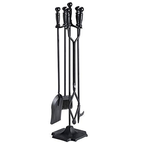 Syntrific 5 Pieces 32inch Fireplace Tool Set Black Cast Iron Fire Place Tool Set with Log Holder Fire Pit Stand Rustic Tongs Shovel Antique Broom Chimney Poker Wood Stove Hearth Accessories Set - delxousa