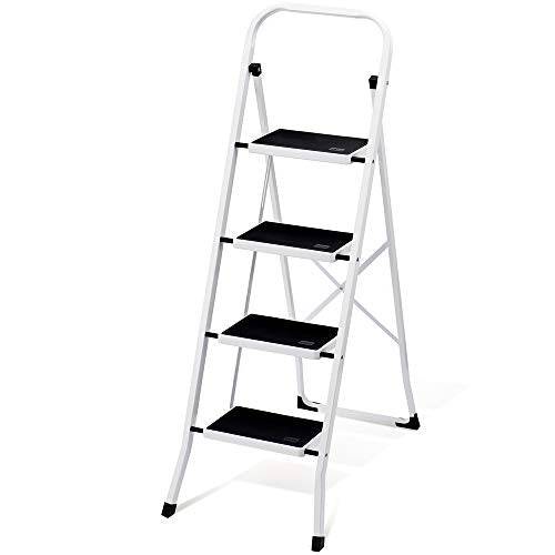 Delxo Folding 4 Step Ladder with Convenient Handgrip Anti-Slip Sturdy and Wide Pedal 330lbs Portable Steel Step Stool White and Black 4-Feet - delxousa
