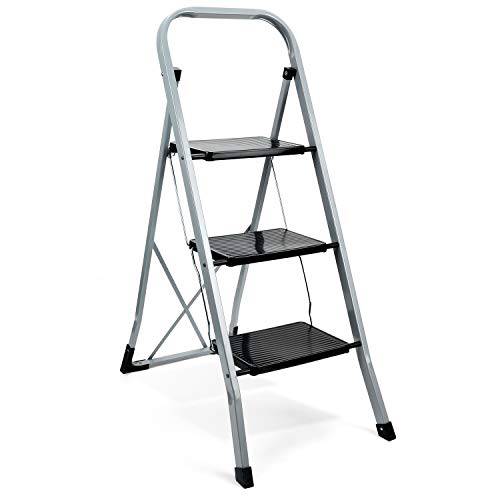 Delxo 3 Step Ladder Folding Step Stool Ladder with Handgrip Anti-Slip Sturdy and Wide Pedal 300lbs Multi-Use for Household and Office Portable Step Stool Steel 3 Step Stool Gray and Black Combo - delxousa