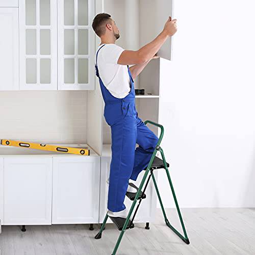 Delxo 3 Step Folding Step Ladder, Heavy Duty &Portable Step Stool for Adults with Longer Cushioned Handle & Widen Textured Steps,Hold up to 330lbs Green - delxousa