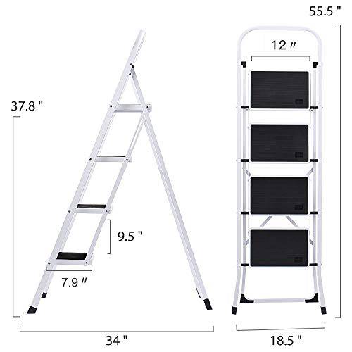 Delxo Folding 4 Step Ladder with Convenient Handgrip Anti-Slip Sturdy and Wide Pedal 330lbs Portable Steel Step Stool White and Black 4-Feet - delxousa