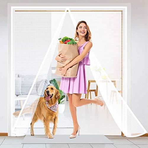 Delxo72x80" Magnetic Screen Door with 32 Magnetics Durable Fiberglass Mesh Curtain,Dogs Pets Friendly French Door Screen, White - delxousa
