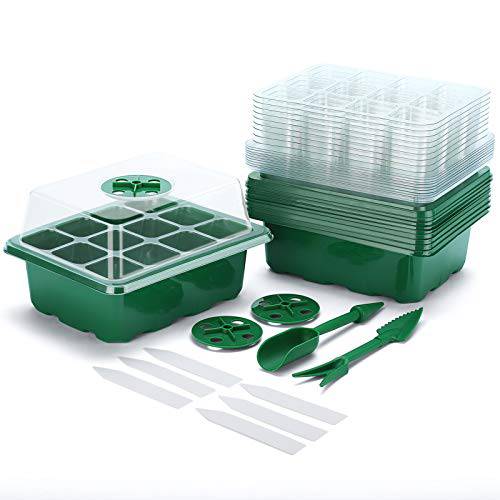 Delxo 10-Pack Seed Trays Seedling Starter Tray (12 Cells per Tray) Humidity Adjustable Plant Germination Kit Garden Seed Starting Tray with Dome and Green Base Plus Plant Tags Hand Tool Kit - delxousa