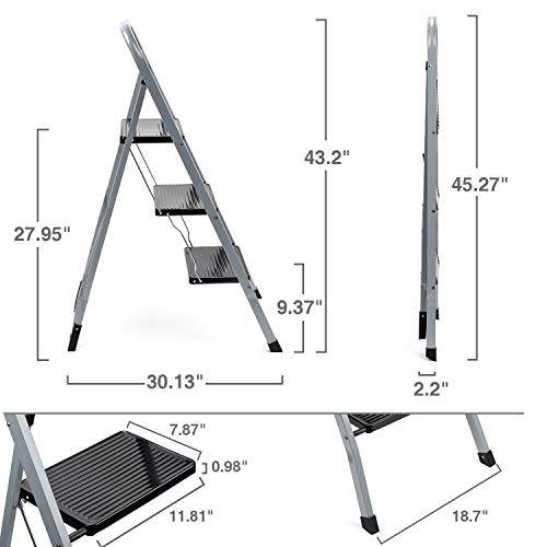 Delxo 3 Step Ladder Folding Step Stool Ladder with Handgrip Anti-Slip Sturdy and Wide Pedal 300lbs Multi-Use for Household and Office Portable Step Stool Steel 3 Step Stool Gray and Black Combo - delxousa