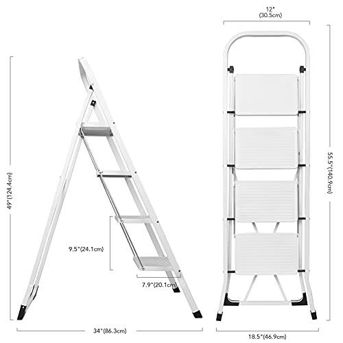 Delxo Folding 4 Step Ladder with Convenient Handgrip Anti-Slip Sturdy and Wide Pedal 330lbs Portable Steel Step Stool White 4-Feet - delxousa