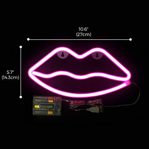 DELXO Lips Neon Lights, Neon Signs for Wall Decor, 3 AA Battery/USB Powered, LED Neon Decorative Light Makeup Room Decor for Christmas, Birthday Party, Kids Room, Living Room, Bedroom Decorations, - delxousa