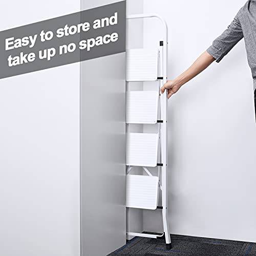 Delxo Folding 4 Step Ladder with Convenient Handgrip Anti-Slip Sturdy and Wide Pedal 330lbs Portable Steel Step Stool White 4-Feet - delxousa