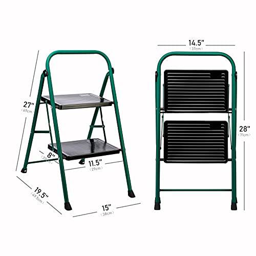 Delxo 2 Step Ladder Folding Step Stool Ladder with Handgrip Anti-Slip Sturdy and Wide Pedal Lightweight 2 Step Stool Multi-Use for Household and Office Portable Step Stool Steel 330lbs (2 feet) Green - delxousa