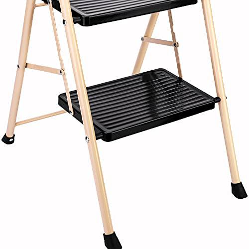 Delxo 2 Step Ladder Folding Step Stool Ladder with Handgrip Anti-Slip Sturdy and Wide Pedal Lightweight 2 Step Stool Multi-Use for Household and Office 330lbs Champagne - delxousa