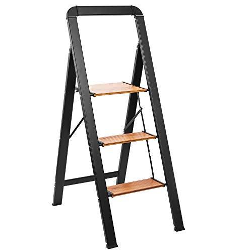 Delxo Aluminum 3 Step Ladder,2020 Upgrade Lightweight Folding Step Stool with Long Handle, Anti-Slip Sturdy Pedal, Classic Wood Look Without Wood Worry Step Ladder, Hold Up to 330LB - delxousa