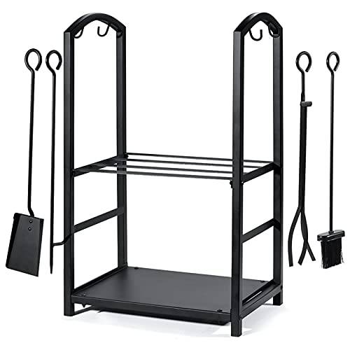 Syntrific Fireplace Log Rack with 4 Fireplace Tools Fireplace Log Holder for Indoor and Outdoor Heavy Duty Steel Black Fireplace Log Rack Wrought Iron Logs Bin Holder for Fireplace Tool Set - delxousa