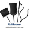 Delxo 5 Pcs Heavy Duty Steel Fireplace Tool Set Black Cast Fire Place Tool Set with Log Holder Fire Pit Stand Rustic Tongs Shovel Antique Broom Chimney Poker Wood Stove Hearth Accessories Set - delxousa