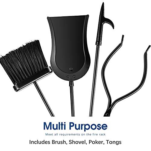 Delxo 5 Pcs Heavy Duty Steel Fireplace Tool Set Black Cast Fire Place Tool Set with Log Holder Fire Pit Stand Rustic Tongs Shovel Antique Broom Chimney Poker Wood Stove Hearth Accessories Set - delxousa