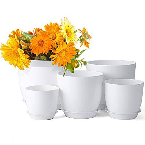 Delxo 5pcs Plant Pots，Flower Pots Indoor with Saucers and Drainage Hole,Plastic Nursery Garden Pots for Plants,Flower.4/4.5/5.5/6.3/7 Inch Planter Pot White - delxousa