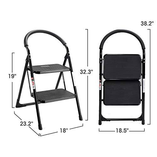 Delxo 2 Step Stool,2020 Upgrade More Safe and Comfortable Folding Step Ladder with Extra Wide Anti-Slip Pedal,U Shape Handgrip Sturdy Steel 2 Step Ladder 330LBS Black - delxousa