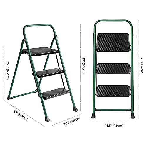 Delxo 3 Step Folding Step Ladder, Heavy Duty &Portable Step Stool for Adults with Longer Cushioned Handle & Widen Textured Steps,Hold up to 330lbs Green - delxousa