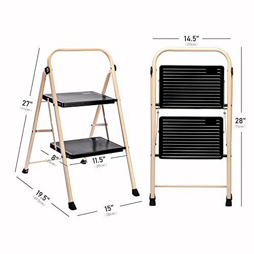 Delxo 2 Step Ladder Folding Step Stool Ladder with Handgrip Anti-Slip Sturdy and Wide Pedal Lightweight 2 Step Stool Multi-Use for Household and Office 330lbs Champagne - delxousa