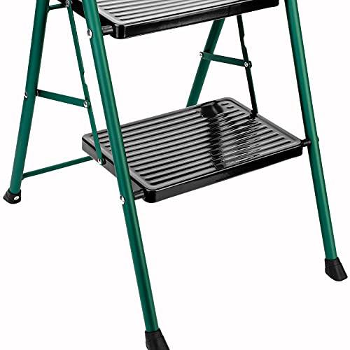 Delxo 2 Step Ladder Folding Step Stool Ladder with Handgrip Anti-Slip Sturdy and Wide Pedal Lightweight 2 Step Stool Multi-Use for Household and Office Portable Step Stool Steel 330lbs (2 feet) Green - delxousa