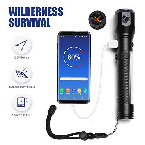 Delxo Patriot Flashlight, Handheld Solar Powered Tactical Flashlights Cell Phone Charger, USB Rechargeable Waterproof Car LED Flash Light with 18650 Battery, Multi Function for Emergency - delxousa