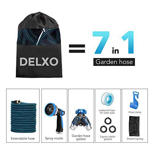 Delxo 100Ft Expandable Garden Hose Kit Include 7, Flexible Water Hose with 9-Function High-Pressure Metal Spray Nozzle, Leakproof Design 3/4”Solid Brass Fittings Lightweight But Heavy Duty Hose Blue - delxousa