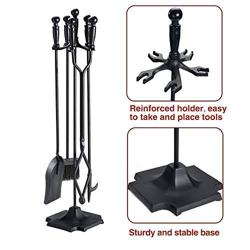 Syntrific 5 Pieces 32inch Fireplace Tool Set Black Cast Iron Fire Place Tool Set with Log Holder Fire Pit Stand Rustic Tongs Shovel Antique Broom Chimney Poker Wood Stove Hearth Accessories Set - delxousa