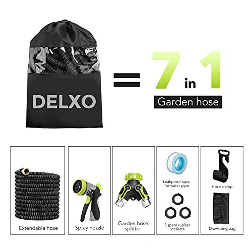 Delxo 100Ft Expandable Garden Hose Kit Include 7,Flexible Water Hose with 9-Function High-Pressure Metal Spray Nozzle, Leakproof Design 3/4”Solid Brass Fittings Lightweight But Heavy Duty Hose Grey - delxousa