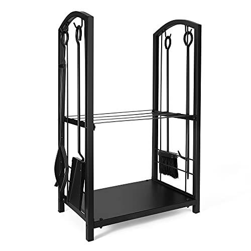 Delxo Fireplace Rack with 4 pcs Fireplace Tools Fireplace Log Holder for Indoor and Outdoor Black Fireplace Log Rack Wrought Iron Logs Bin Holder for Fireplace Tool Set - delxousa