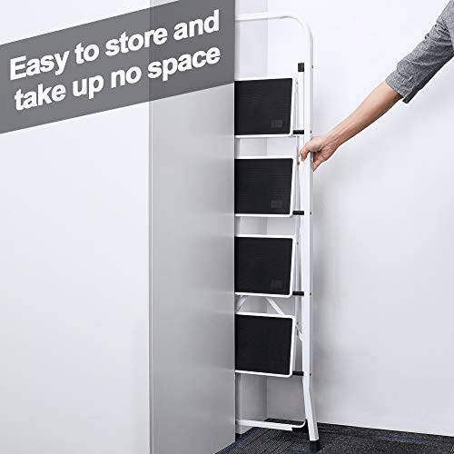 Delxo Folding 4 Step Ladder with Convenient Handgrip Anti-Slip Sturdy and Wide Pedal 330lbs Portable Steel Step Stool White and Black 4-Feet - delxousa