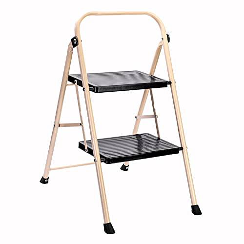 Delxo 2 Step Ladder Folding Step Stool Ladder with Handgrip Anti-Slip Sturdy and Wide Pedal Lightweight 2 Step Stool Multi-Use for Household and Office 330lbs Champagne - delxousa