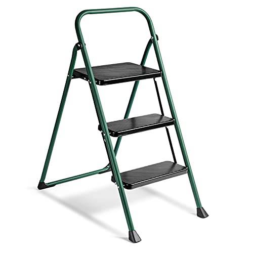 Delxo 3 Step Folding Step Ladder, Heavy Duty &Portable Step Stool for Adults with Longer Cushioned Handle & Widen Textured Steps,Hold up to 330lbs Green - delxousa