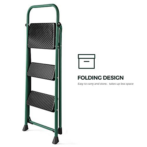 Delxo 3 Step Folding Step Ladder, Heavy Duty &Portable Step Stool for Adults with Longer Cushioned Handle & Widen Textured Steps,Hold up to 330lbs Green - delxousa