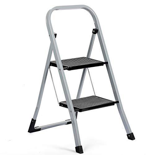 Delxo 2 Step Ladder Folding Step Stool Ladder with Handgrip Anti-Slip Sturdy and Wide Pedal Multi-Use for Household and Office Portable Step Stool Steel 300lbs Gray (2 Feet) - delxousa