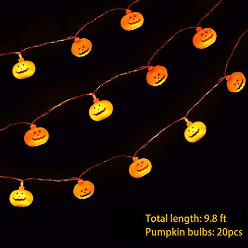 Delxo Halloween Decorations String Lights, 20 LED Pumpkin String Lights 9.8 Feet for Halloween Party Outdoor & Indoor, Battery Powered 2 Modes Steady/Flickering Lights Waterproof Decorate Pumpkin - delxousa