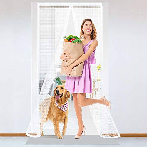 Delxo Fiberglass Screen Door , 32pcs Magnetic Seal,39"W x 82"H Magnetic Door Screen with Full Frame Hook & Loop Durable Curtain Door Net Screen with Magnet White - delxousa
