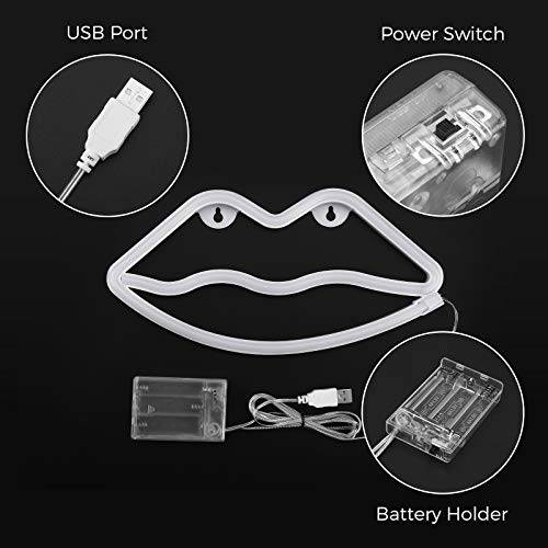 DELXO Lips Neon Lights, Neon Signs for Wall Decor, 3 AA Battery/USB Powered, LED Neon Decorative Light Makeup Room Decor for Christmas, Birthday Party, Kids Room, Living Room, Bedroom Decorations, - delxousa