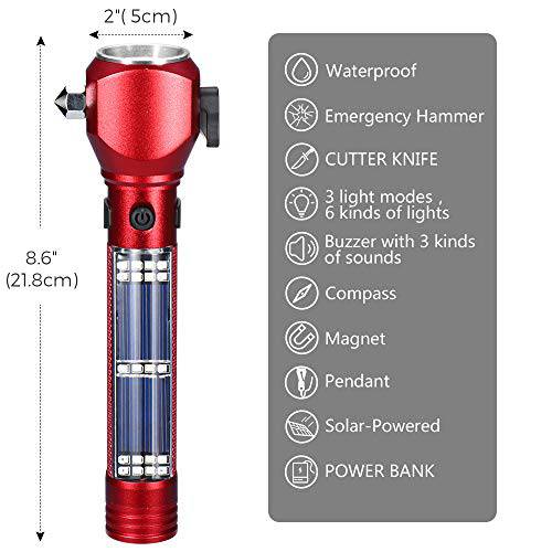 Delxo Patriot Flashlight, Handheld Solar Powered Tactical Flashlights Cell Phone Charger, Multi Function Car LED Flashlight with 2000mAh Battery, USB Charger, Portable Flashlights for Camping Red - delxousa