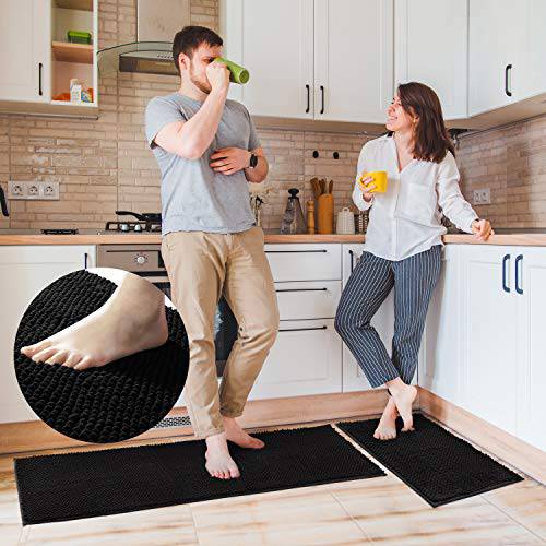 Delxo Kitchen Mat Sets,2 Piece Non Slip Soft Super Absorbent Kitchen Rug Chenille Microfiber Doormat Carpet Set,20"X30"+20"X60" (Black) - delxousa