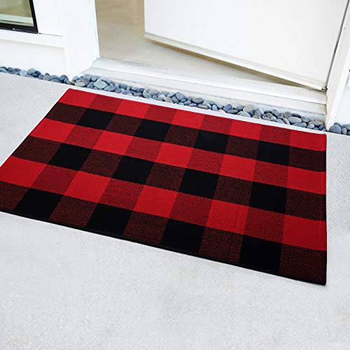 Delxo Cotton Buffalo Plaid Rug,24"x36" Hand-Woven Indoor or Outdoor Rugs for Layered Door Mats Washable Carpet for Front Porch/Kitchen/Farmhouse/Entryway (Black&Red) - delxousa