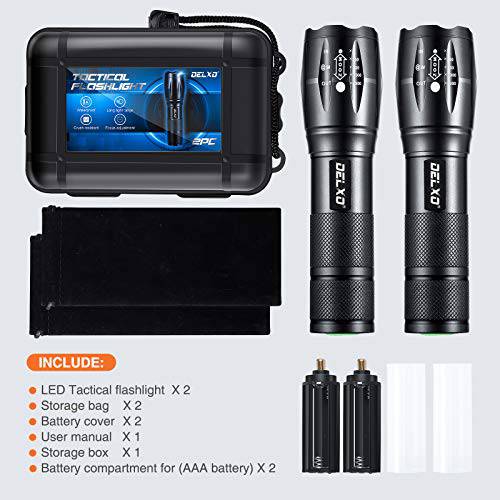 DELXO Flashlights High Lumens, Tactical Flash Light 2 Pack, LED Handheld Flashlights With 5 Modes, Zoomable, Water Resistant, EDC Flashlight for Camping, Outdoor, Emergency, Hiking, Survival - delxousa