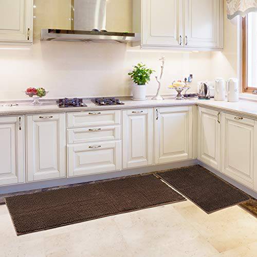 Delxo Kitchen Rug Sets,2 Piece Non-Slip Soft Super Absorbent Kitchen Mat Doormat Carpet Set,Chenille Microfiber Material,20"X30"+20"X60" (Brown) - delxousa