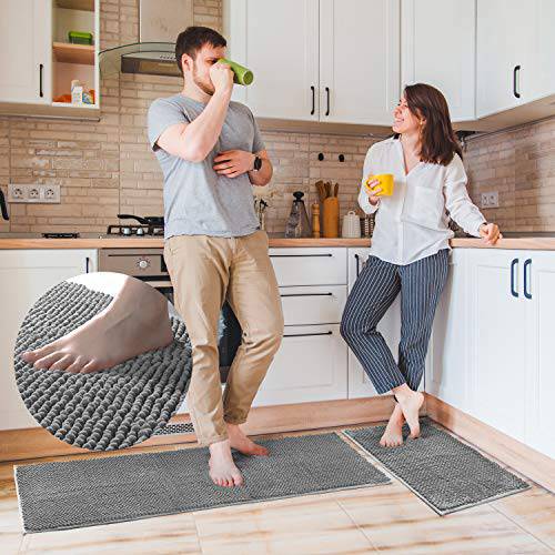 Delxo Kitchen Mat Sets,17"X48"+17"X24" 2 Piece Non Slip Soft Super Absorbent Kitchen Rug Chenille Microfiber Doormat Carpet Set(Grey) - delxousa