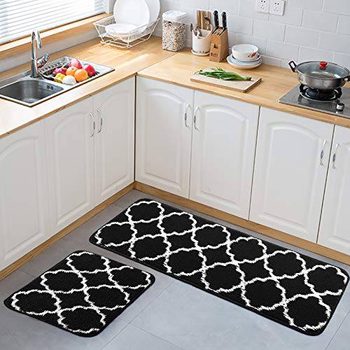 Delxo Kitchen Rug Set ,17"x48"+17"x24" Non Slip Machine Washable Kitchen Rugs and Mats Set Kitchen Mat Rug Runner Set Indoor Outdoor Entry Rug Floor Carpet (Black - delxousa